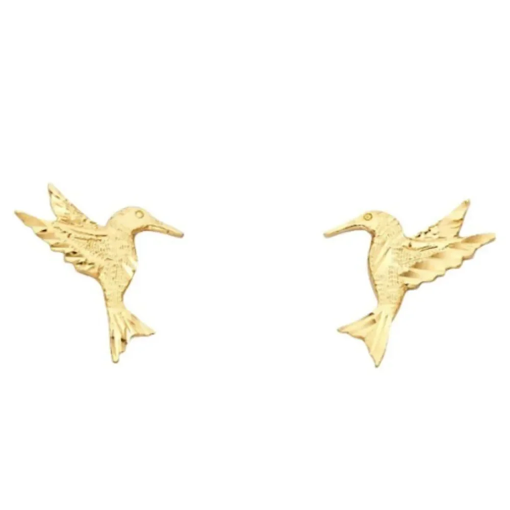 14k Yellow solid Gold Hummingbird Stud Earrings (11 X 12mm) | Gift | Real Gold |